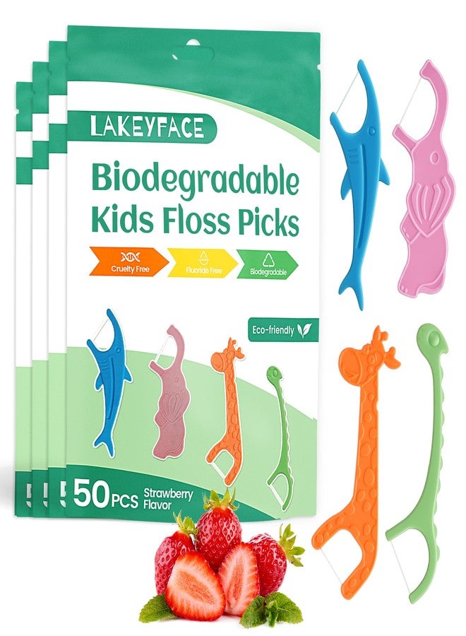Lakeyface 200 Count Biodegradable Kids Flossers, Strawberry Flavored Eco-Friendly Plant-Based Kids Floss Picks, No Fluoride & BPA Free, Vegan Natural Dental Floss Picks for Kids - 4 Fun Animal Designs - Image 1
