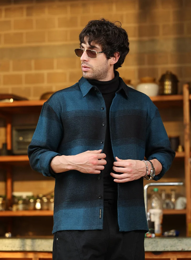 Men Vignette-Checkered Oversized Shirt | Spread Collar, Long Single-Button Cuff Sleeves | Button , Straight Hem | Plaid Twill | Woven Fabric For Casual & Daily Wear | Navy Blue:Midnight Black