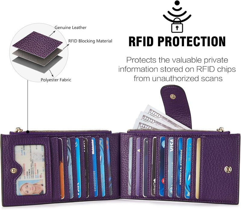 بوستانتن محافظ جلدية للنساء كبيرة مانعة لتقنية RFID رفيعة ثنائية الطية مع حامل بطاقات وجيب بسحاب بلون بنفسجي - Image 5