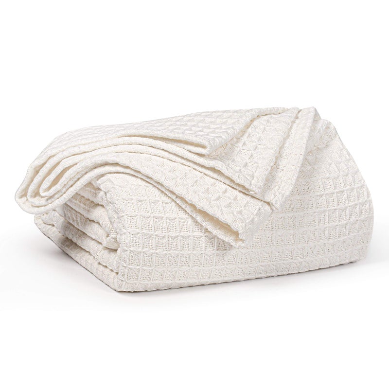 EHC Luxuriously Soft Chunky Waffle Cotton Throws Extra Large Sofa Bed Sofa Couch Blanket Bedspread King size 225 x 250 cm  Ivory