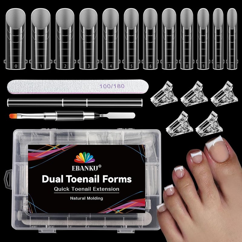 EBANKU 120 PCS Poly Gel Nail Forms for Toes Long Square Dual Forms for Polygel Pedi Extension Poly Gel Toenails Set with Nail Clips Brush Pe Nail File Reusable Tips Mold for Nail Design