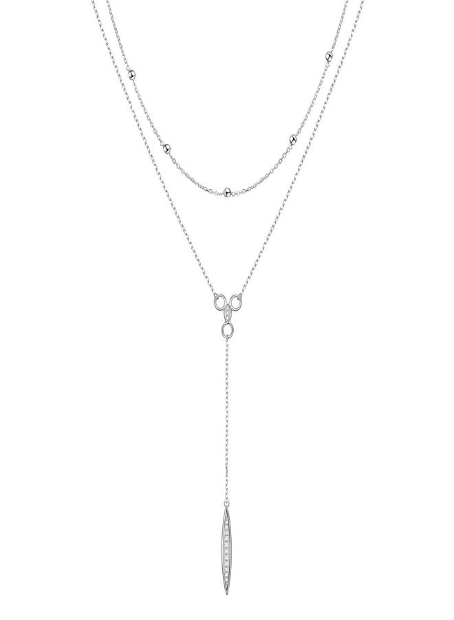 FLYOW Multi Layered Bar Necklace S925 Sterling Silver Beads Choker Marquise Cubic Zirconia Y Lariat Necklaces Long Chain Jewelry Gifts for Women Mothers Day Gifts - Image 1