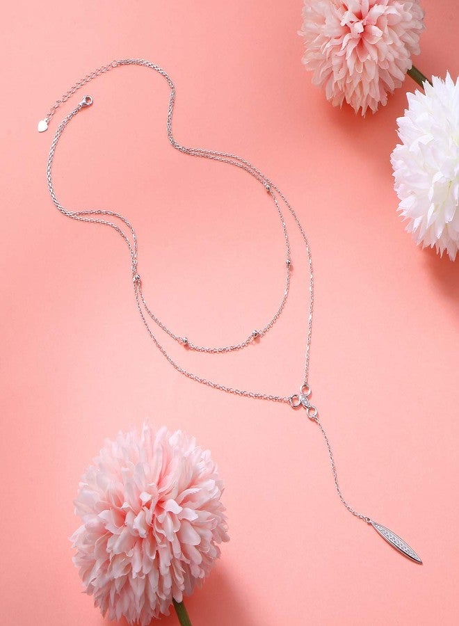 FLYOW Multi Layered Bar Necklace S925 Sterling Silver Beads Choker Marquise Cubic Zirconia Y Lariat Necklaces Long Chain Jewelry Gifts for Women Mothers Day Gifts - Image 4