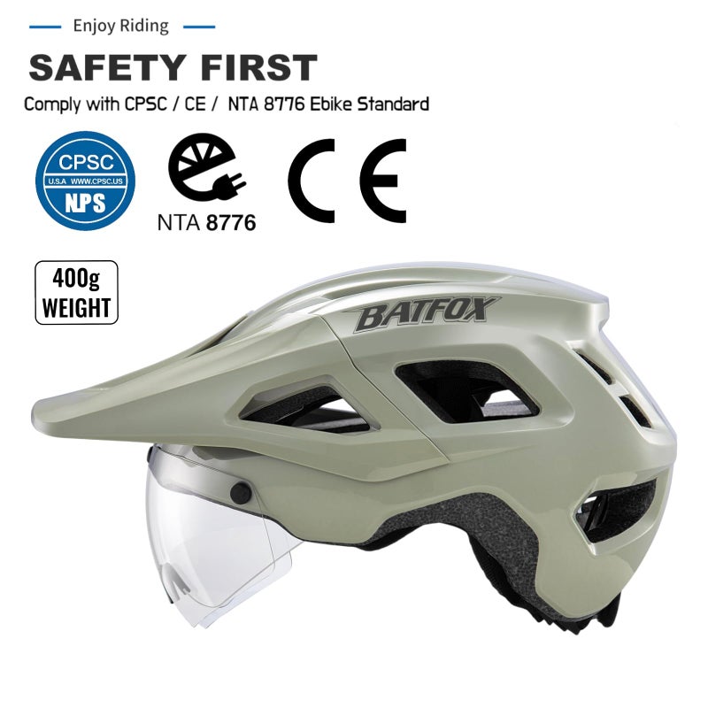 BATFOX Mountain Bike Helmet for Men Women,MTB Bicycle Cycling E-Bike Helmet for Adults Fit(52-60CM) (W/Goggles-Glossy Khaki, L(56-60CM)) - Image 2