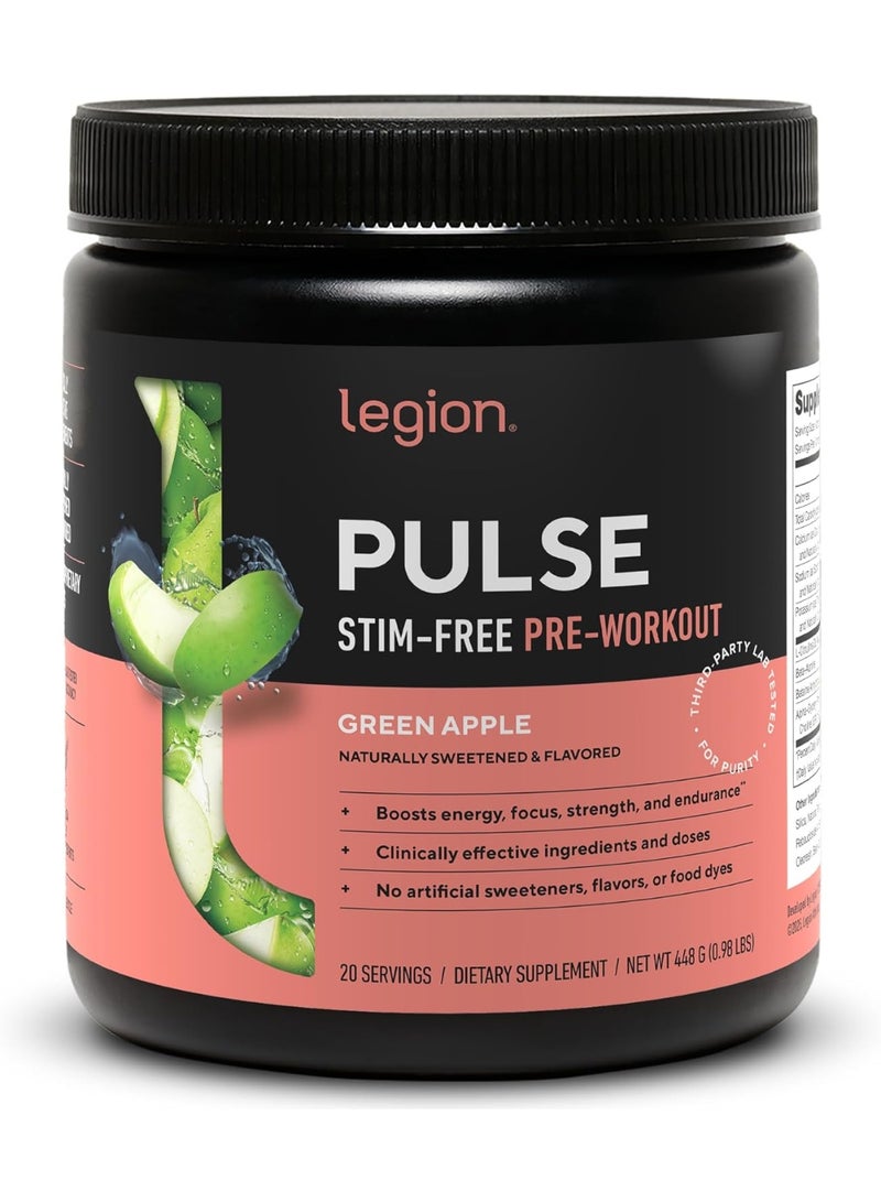 Legion Pulse Stim-Free Pre-Workout Green Apple 20 Servings (448g) – Caffeine-Free Pump, Endurance & Focus - Image 1