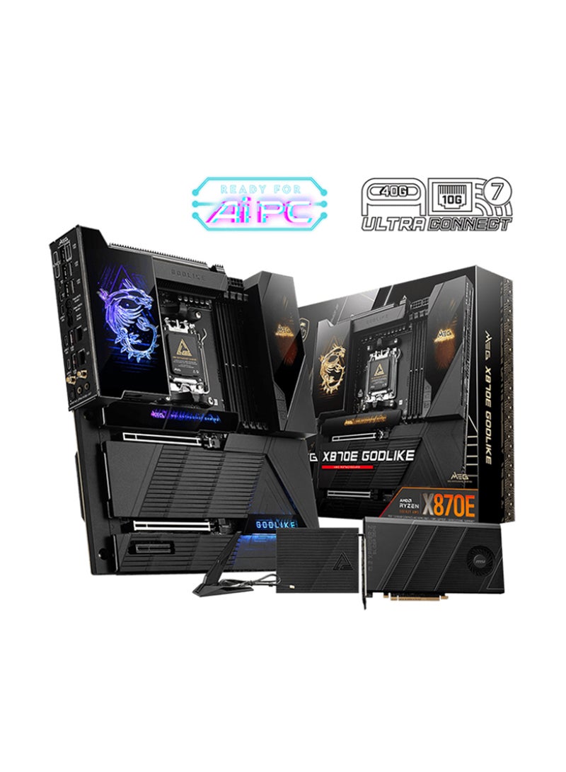 MSI MEG X870E GODLIKE Gaming Motherboard, AMD X870E Chipset, Supports AMD Ryzen™ 9000/8000/7000 Series (AM5), 4x DDR5 Slots (Up to 256GB, 9000-4800 MT/s), PCIe 5.0 x16, 7x M.2 Slots (PCIe 5.0 x4), 10Gbps LAN, Wi-Fi 7, Bluetooth 5.4, 10G LAN, USB 40Gbps Type-C, Dynamic Dashboard III, 7.1-Channel Audio, S/PDIF, RGB, Supports RAID 0/1/10, Flash BIOS | 911-7E48-001 Black - Image 2