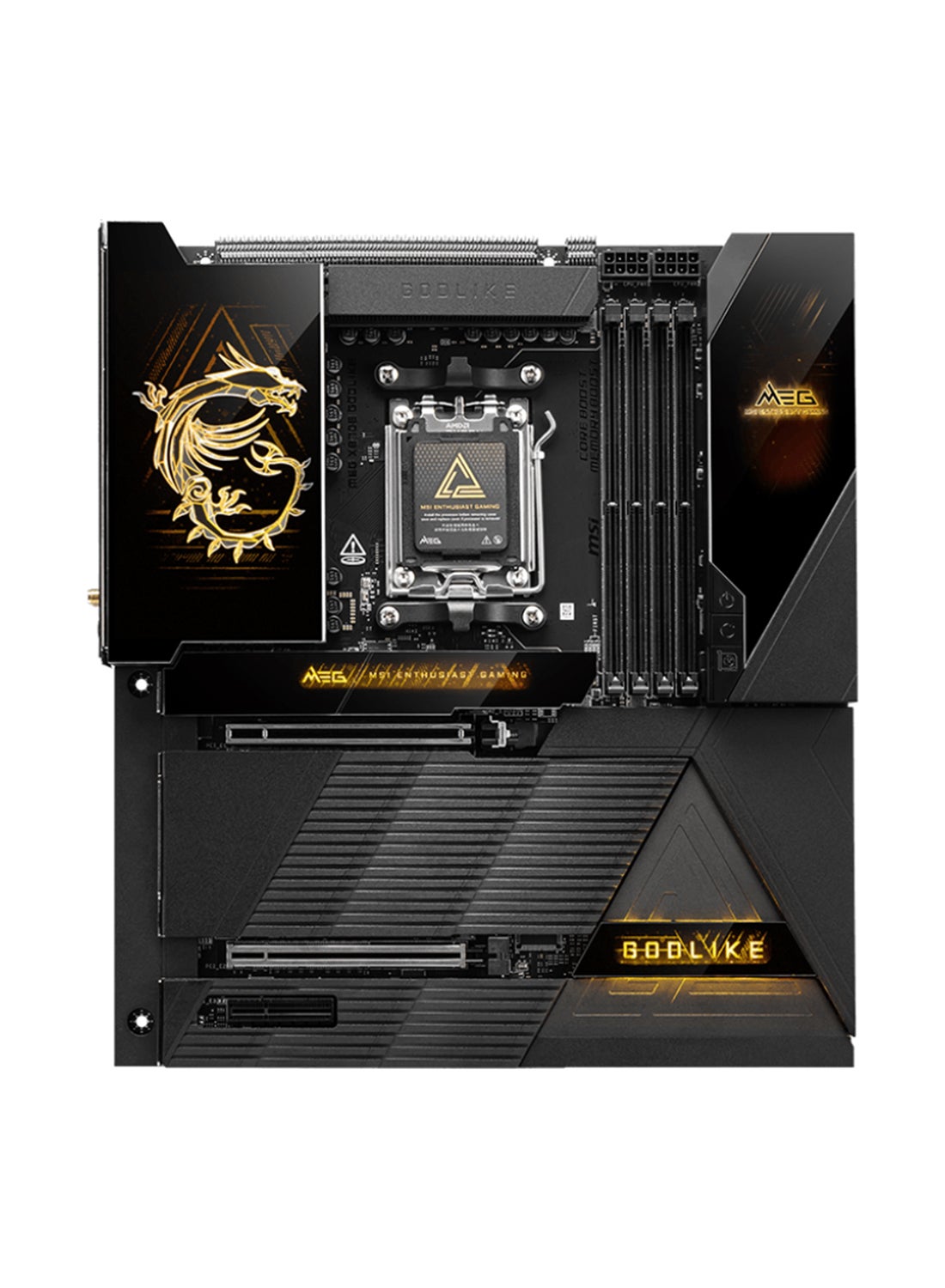MEG X870E GODLIKE Gaming Motherboard, AMD X870E Chipset, Supports AMD Ryzen™ 9000/8000/7000 Series (AM5), 4x DDR5 Slots (Up to 256GB, 9000-4800 MT/s), PCIe 5.0 x16, 7x M.2 Slots (PCIe 5.0 x4), 10Gbps LAN, Wi-Fi 7, Bluetooth 5.4, 10G LAN, USB 40Gbps Type-C, Dynamic Dashboard III, 7.1-Channel Audio, S/PDIF, RGB, Supports RAID 0/1/10, Flash BIOS | 911-7E48-001 Black