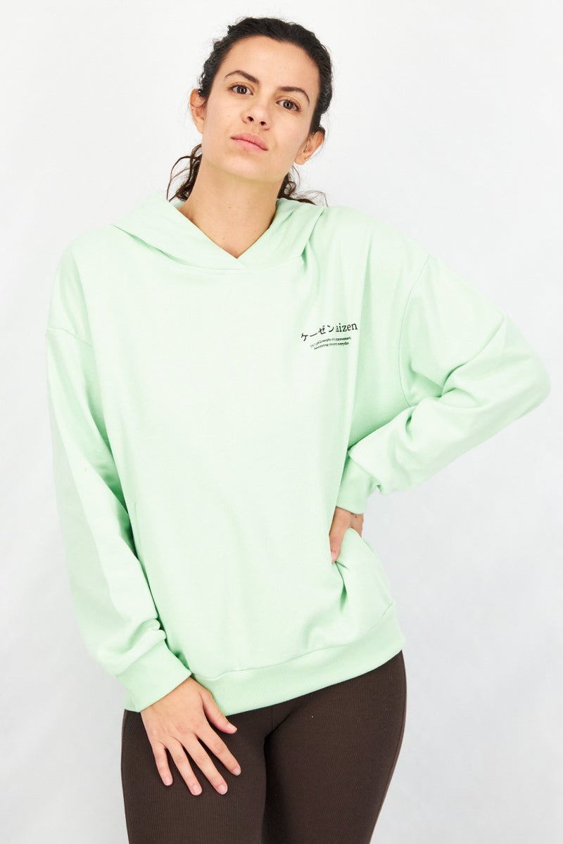 Ocean Pacific Women Hooded Neck Graphic Sweatshirt, Pastel Green - Image 1