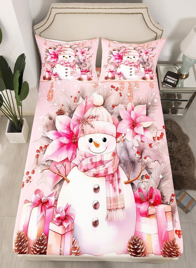 Feelyou Kids Snowman Fitted Sheet Twin Size Pink Christmas Xmas Bedding Set for Boys Girls Blossom Flowers Floral Pattern Bed Sheet Set Winter Theme Happy New Year Bed Cover Deep Pocket - Image 1