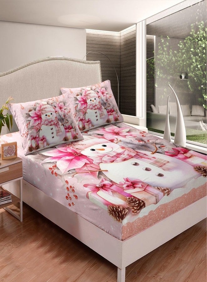 Feelyou Kids Snowman Fitted Sheet Twin Size Pink Christmas Xmas Bedding Set for Boys Girls Blossom Flowers Floral Pattern Bed Sheet Set Winter Theme Happy New Year Bed Cover Deep Pocket - Image 2