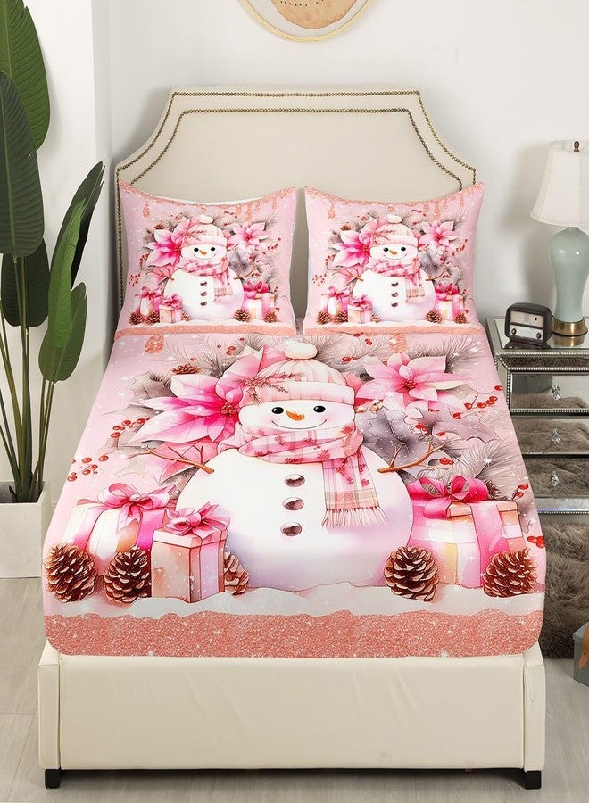 Feelyou Kids Snowman Fitted Sheet Twin Size Pink Christmas Xmas Bedding Set for Boys Girls Blossom Flowers Floral Pattern Bed Sheet Set Winter Theme Happy New Year Bed Cover Deep Pocket - Image 3