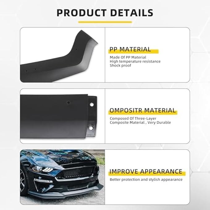keepdsgn 3PCS Matte Black Front Bumper Lip Chin Spoiler Splitter Diffuser Protector Body Kit with Adjustable 10"-13" Red Support Rod Compatible with 2018-2022 Ford Mustang Ecoboost GT V8 - Image 5