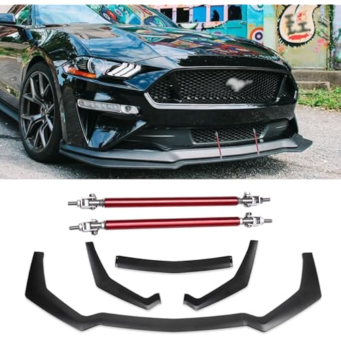 keepdsgn 3PCS Matte Black Front Bumper Lip Chin Spoiler Splitter Diffuser Protector Body Kit with Adjustable 10"-13" Red Support Rod Compatible with 2018-2022 Ford Mustang Ecoboost GT V8 - Image 1