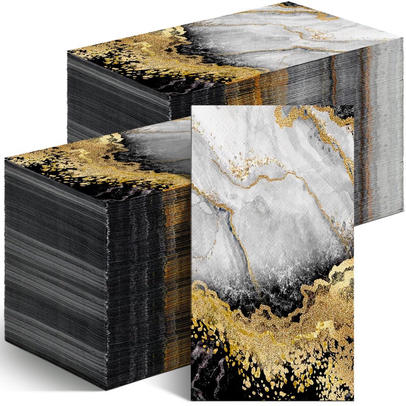 Geyoga 200 Pcs Marble Guest Napkins 2 Ply Disposable Guest Bathroom Paper Napkins Black Gold Marbleized Hand Towels for Home Bathroom Kitchen Table Decor (Black Gold) - Image 1