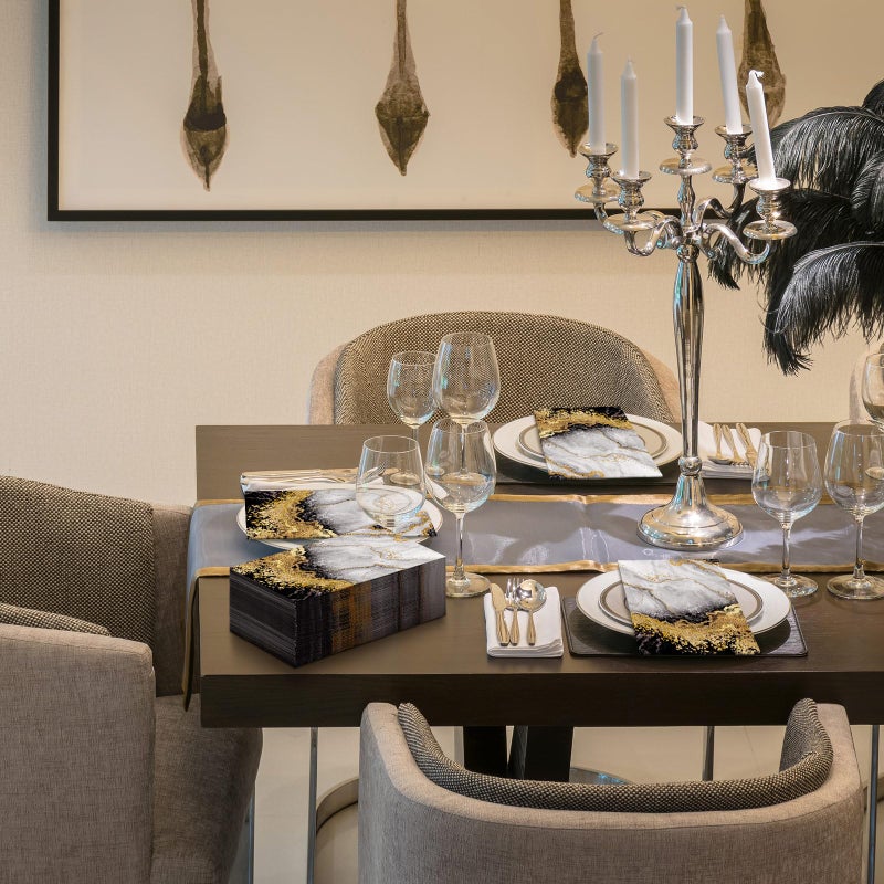 Geyoga 200 Pcs Marble Guest Napkins 2 Ply Disposable Guest Bathroom Paper Napkins Black Gold Marbleized Hand Towels for Home Bathroom Kitchen Table Decor (Black Gold) - Image 2