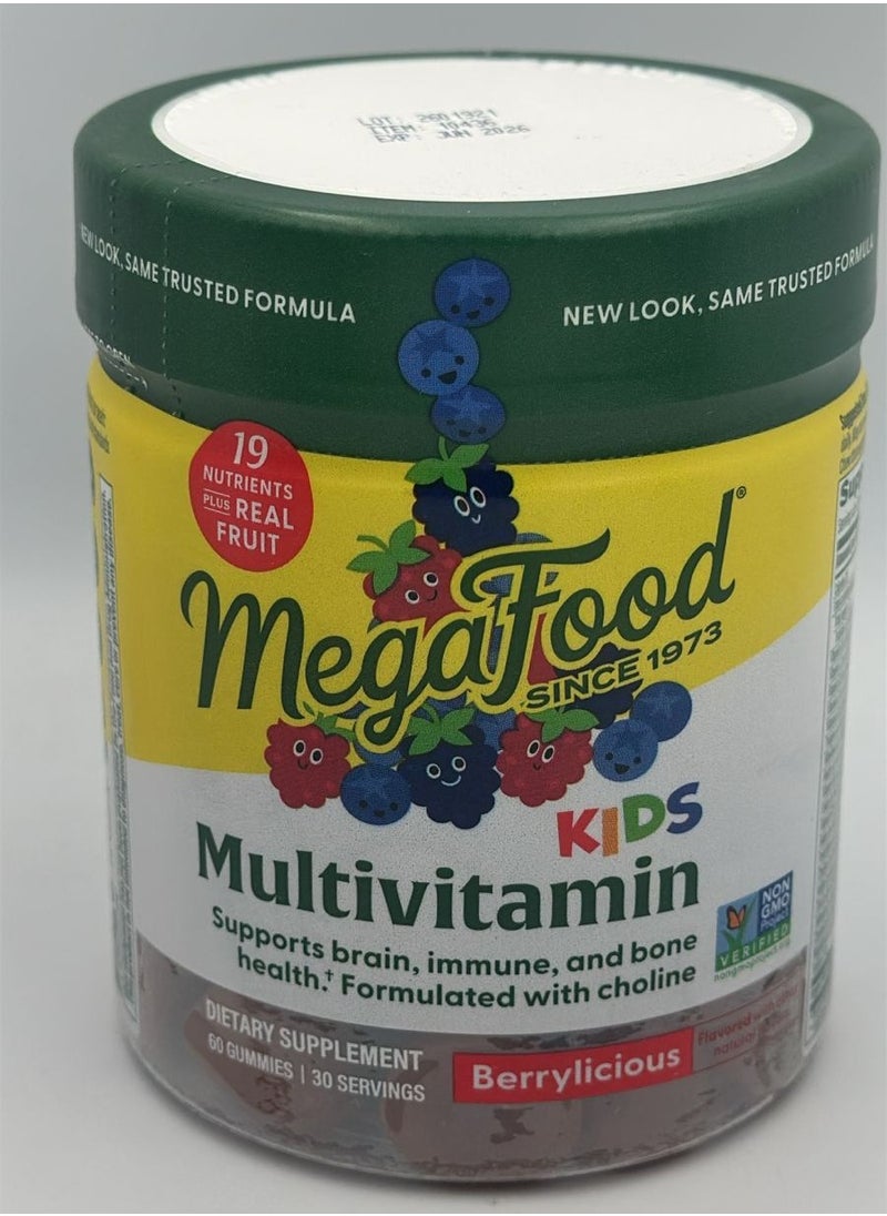 MegaFood KIDS Multivitamin - Supports brain, immune, and bone health Formulated with choline- Berrylicious Flavor Supplement- 60 Gummies 30 Servings  - Image 1