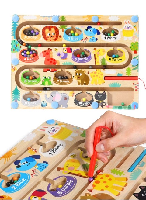 Magnetic Color And Number Maze Wooden Sorting Counting Board Montessori Matching Toys Enlightening Educational Game Magnet Puzzle For Hand-Eye Coordination Matching Game