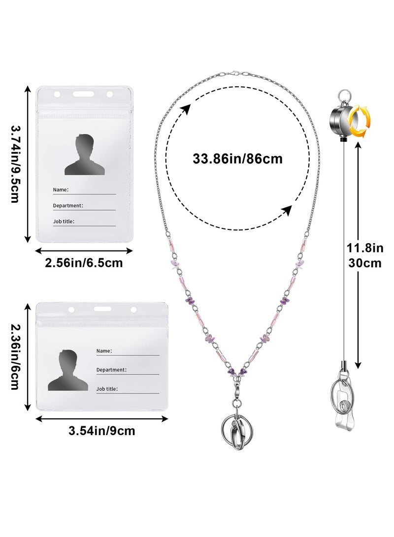 Retractable Badge Reel Lanyard with ID Holder, 3 Pcs Beaded Lanyards Stainless Steel ID Badge Necklace Set, Waterproof Name Badge Holder Clip for Office Women Men (Fashion Jeweled) - Image 3