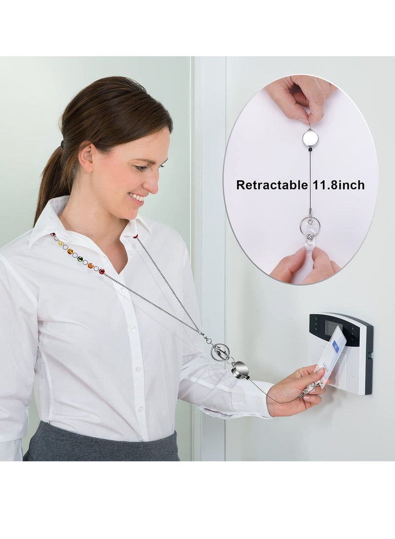 Retractable Badge Reel Lanyard with ID Holder, 3 Pcs Beaded Lanyards Stainless Steel ID Badge Necklace Set, Waterproof Name Badge Holder Clip for Office Women Men (Fashion Jeweled) - Image 2