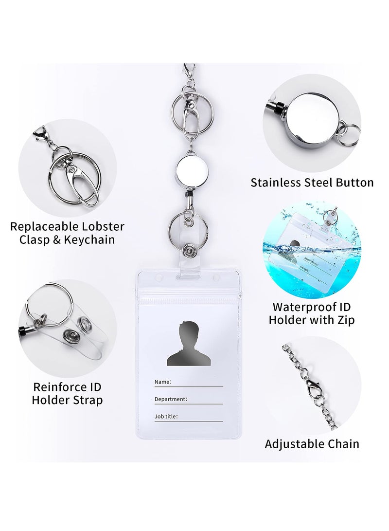 Retractable Badge Reel Lanyard with ID Holder, 3 Pcs Beaded Lanyards Stainless Steel ID Badge Necklace Set, Waterproof Name Badge Holder Clip for Office Women Men (Fashion Jeweled) - Image 5