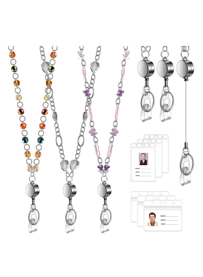 Retractable Badge Reel Lanyard with ID Holder, 3 Pcs Beaded Lanyards Stainless Steel ID Badge Necklace Set, Waterproof Name Badge Holder Clip for Office Women Men (Fashion Jeweled) - Image 1