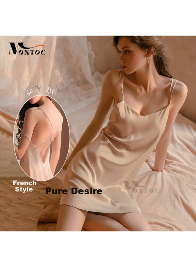Moxtoc Women's Summer Backless Suspender Nightdress Ice Silk Thin Backless Nightgown 520 Gift - Image 1