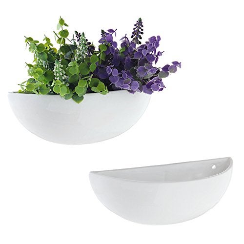 MyGift White Ceramic Wall Planters for Indoor Plants, Half Bowl Hanging Vase, Wall Mounted Succulent Planters, Set of 2 - Image 1