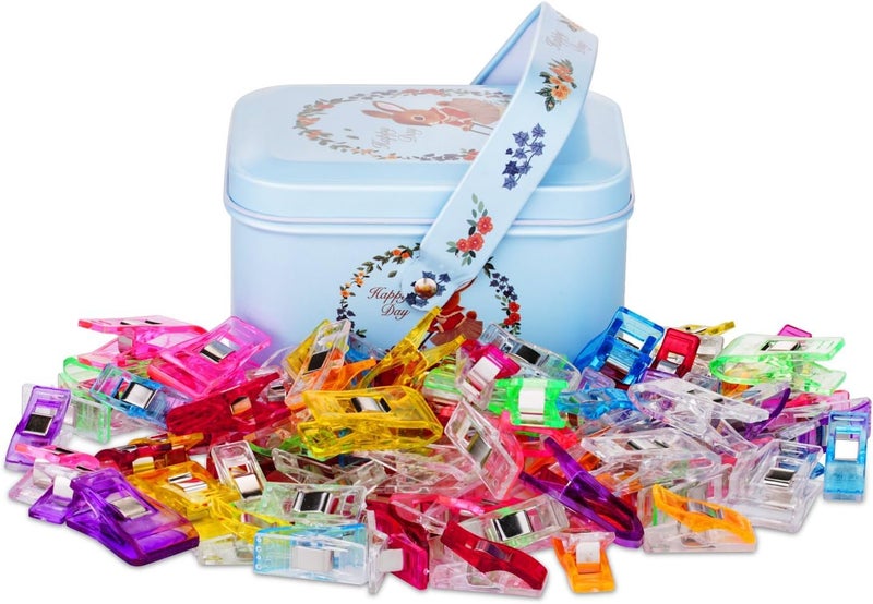 CampTek Pack of 100 Sewing Fabric Clips with Tin Box,Sewing Notions for Sewing Quilting Supplies, Crafting Tools Accessories,Paper Work,Assorted Colors(80 Small+20 Middle Plastic Clips) - Image 1