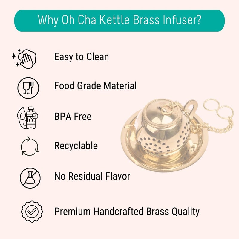 OH CHA مصفاة شاي صغيرة من النحاس مع طبق نحاسي، على شكل إبريق شاي | مصفاة شاي نحاسية مصنوعة يدويًا على شكل غلاية | تستخدم كمصفاة شاي أخضر، شاي أسود | مثالية للشاي السائب - Image 3