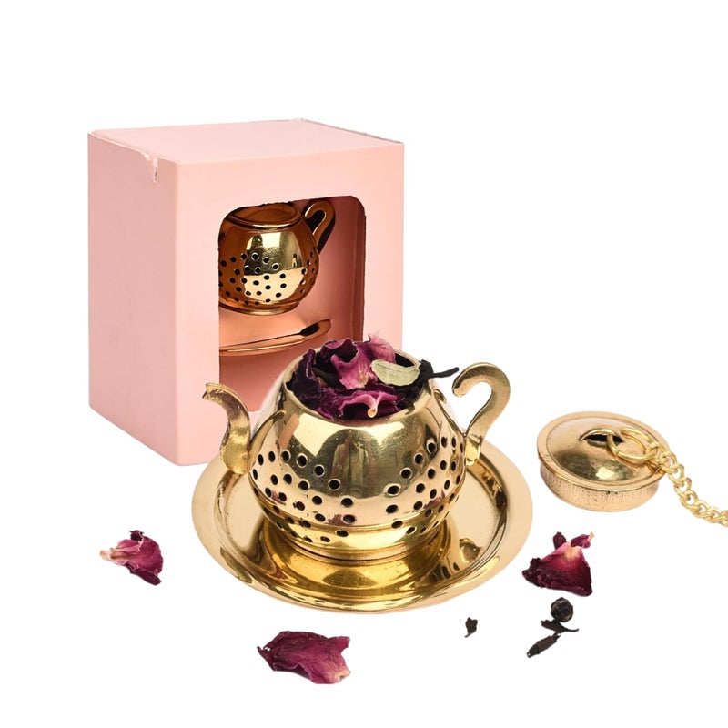 OH CHA مصفاة شاي صغيرة من النحاس مع طبق نحاسي، على شكل إبريق شاي | مصفاة شاي نحاسية مصنوعة يدويًا على شكل غلاية | تستخدم كمصفاة شاي أخضر، شاي أسود | مثالية للشاي السائب - Image 1