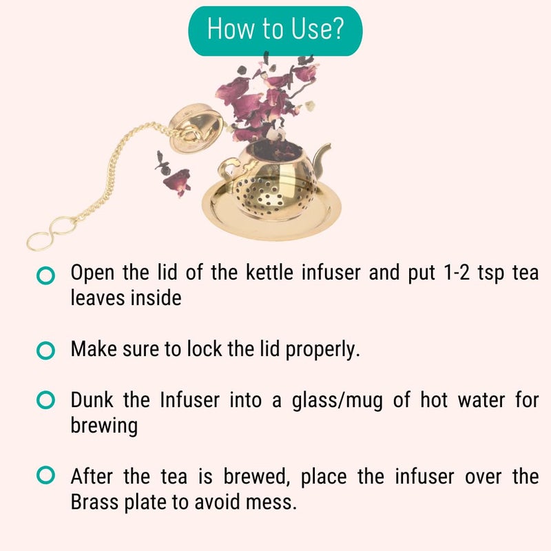 OH CHA مصفاة شاي صغيرة من النحاس مع طبق نحاسي، على شكل إبريق شاي | مصفاة شاي نحاسية مصنوعة يدويًا على شكل غلاية | تستخدم كمصفاة شاي أخضر، شاي أسود | مثالية للشاي السائب - Image 5