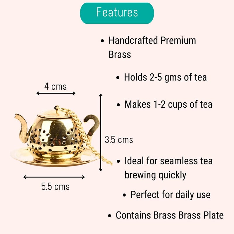 OH CHA مصفاة شاي صغيرة من النحاس مع طبق نحاسي، على شكل إبريق شاي | مصفاة شاي نحاسية مصنوعة يدويًا على شكل غلاية | تستخدم كمصفاة شاي أخضر، شاي أسود | مثالية للشاي السائب - Image 4