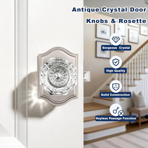 Orger Passage Door Knob for Hallway and Closet, Glass Door Handle with Non-Locking Latch, Octagonal Clear Crystal Door Knob 1 Pack, Satin Nickel Vintage Rosette with Heavy Duty Crystal - Image 2