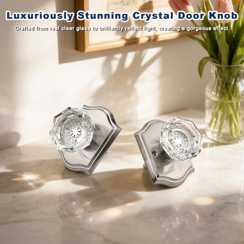 Orger Passage Door Knob for Hallway and Closet, Glass Door Handle with Non-Locking Latch, Octagonal Clear Crystal Door Knob 1 Pack, Satin Nickel Vintage Rosette with Heavy Duty Crystal - Image 3