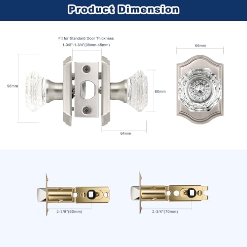 Orger Passage Door Knob for Hallway and Closet, Glass Door Handle with Non-Locking Latch, Octagonal Clear Crystal Door Knob 1 Pack, Satin Nickel Vintage Rosette with Heavy Duty Crystal - Image 4