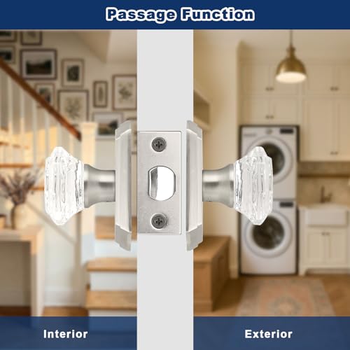 Orger Passage Door Knob for Hallway and Closet, Glass Door Handle with Non-Locking Latch, Octagonal Clear Crystal Door Knob 1 Pack, Satin Nickel Vintage Rosette with Heavy Duty Crystal - Image 5