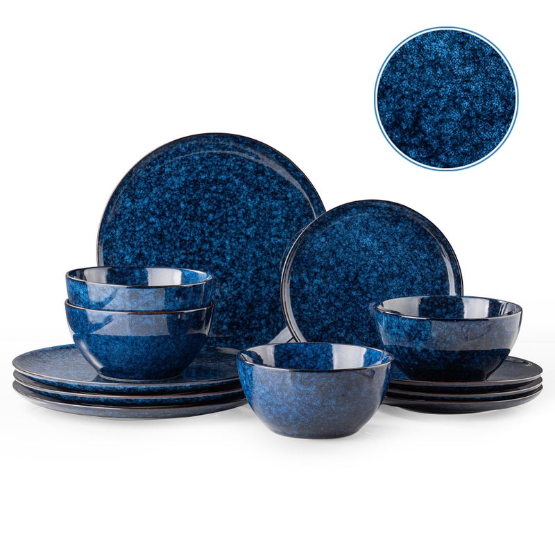 Dafuceramic Plates and Bowls Sets, 12 Pieces Dark Blue Dinnerware Sets for Kitchen, Reactive Glaze Dishes Set for 4, Dishwasher and Microwave Safe, Series Starflecked Shore(Dark Blue) - Image 1