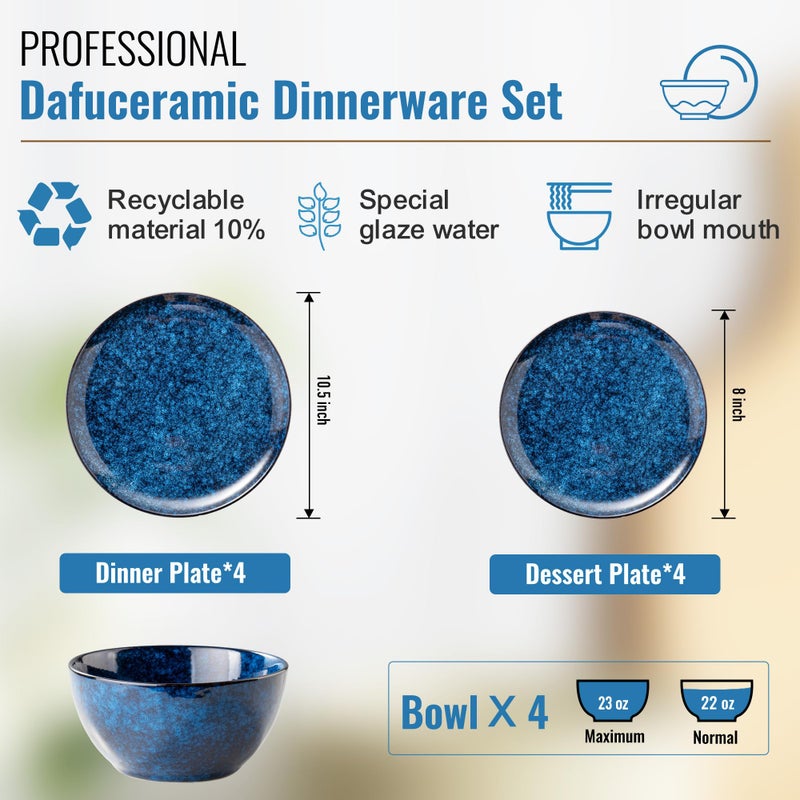 Dafuceramic Plates and Bowls Sets, 12 Pieces Dark Blue Dinnerware Sets for Kitchen, Reactive Glaze Dishes Set for 4, Dishwasher and Microwave Safe, Series Starflecked Shore(Dark Blue) - Image 2