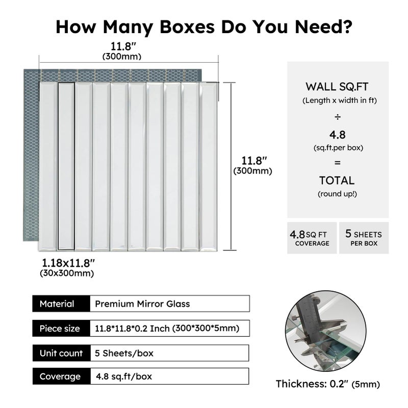 Diflart Beveled Mirror Backsplash Tiles for Kitchen, Silver Strip, 12x12 Inch, Mirror TIile for Bathroom Accent Wall, Pack of 5 Sq.ft - Image 2