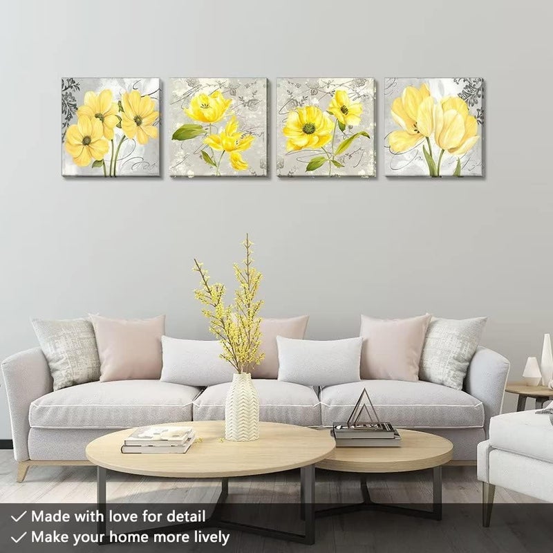 Wall HDQ Yellow Wall Art Bedroom 4 Piece Grey Flower Pictures Kitchen Gray Floral Canvas Paintings Living Room Framed Artwork Set Bathroom Decor(20x20inchx4) - Image 3