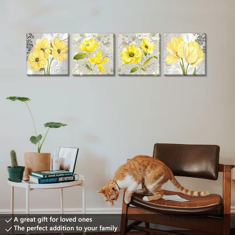 Wall HDQ Yellow Wall Art Bedroom 4 Piece Grey Flower Pictures Kitchen Gray Floral Canvas Paintings Living Room Framed Artwork Set Bathroom Decor(20x20inchx4) - Image 5