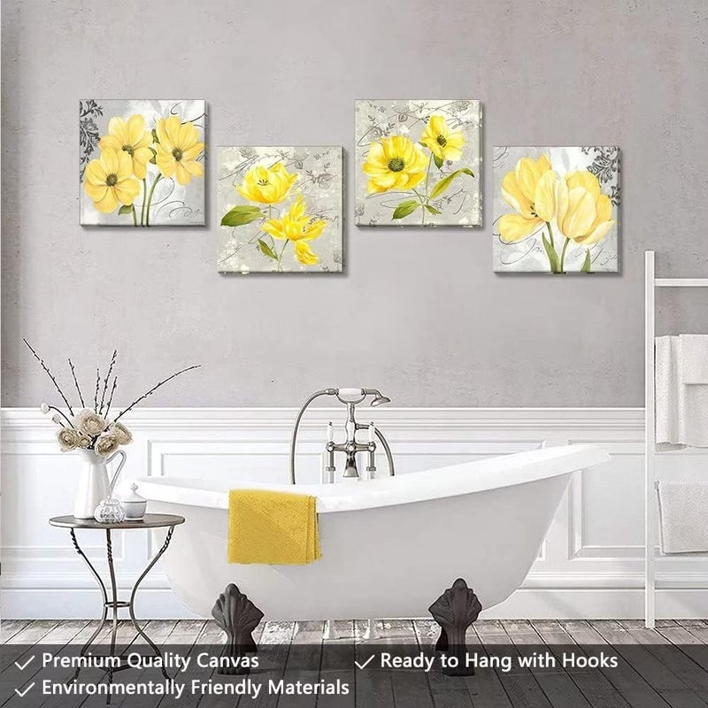 Wall HDQ Yellow Wall Art Bedroom 4 Piece Grey Flower Pictures Kitchen Gray Floral Canvas Paintings Living Room Framed Artwork Set Bathroom Decor(20x20inchx4) - Image 4