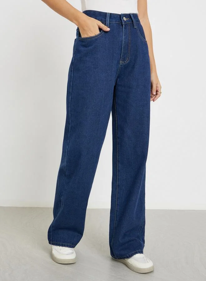 Styli Dark Blue High Rise Wide Leg Jeans