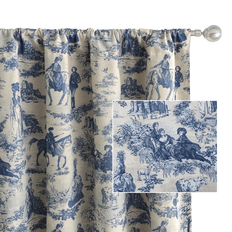 DriftAway 100% Blackout Toile Linen Curtains for Bedroom Double Layer Farmhouse French Country Vintage Printed Pattern Thermal Sound Lined Back Tab Living Room Drapes 84 inch Length 2 Panels Navy - Image 1
