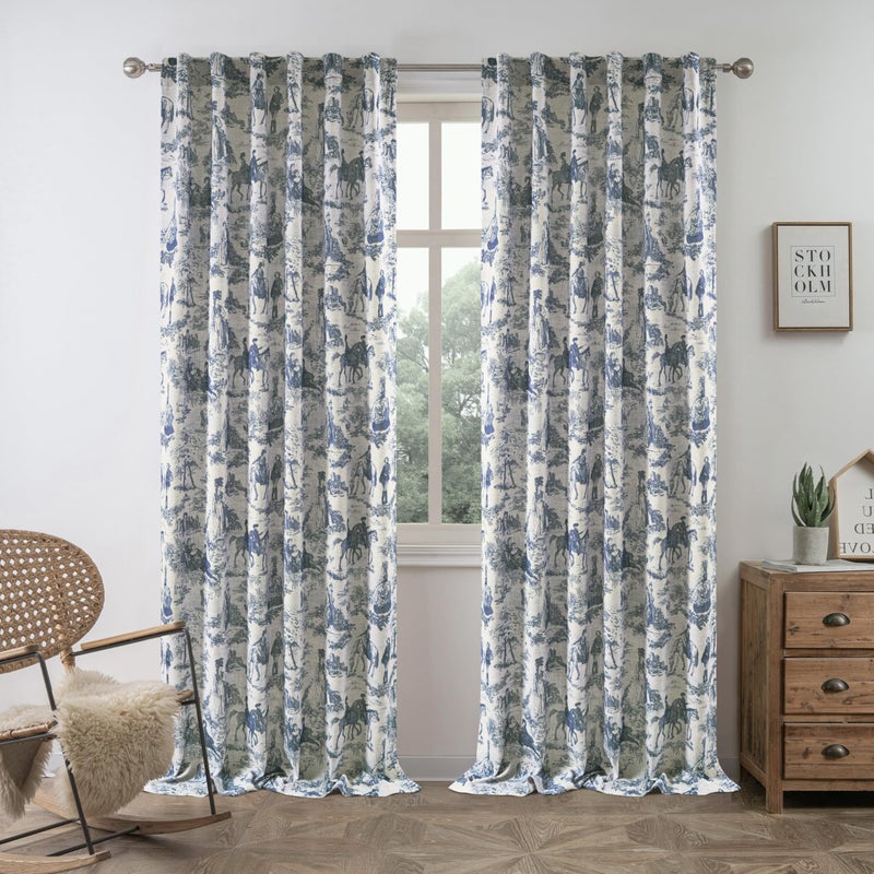 DriftAway 100% Blackout Toile Linen Curtains for Bedroom Double Layer Farmhouse French Country Vintage Printed Pattern Thermal Sound Lined Back Tab Living Room Drapes 84 inch Length 2 Panels Navy - Image 2