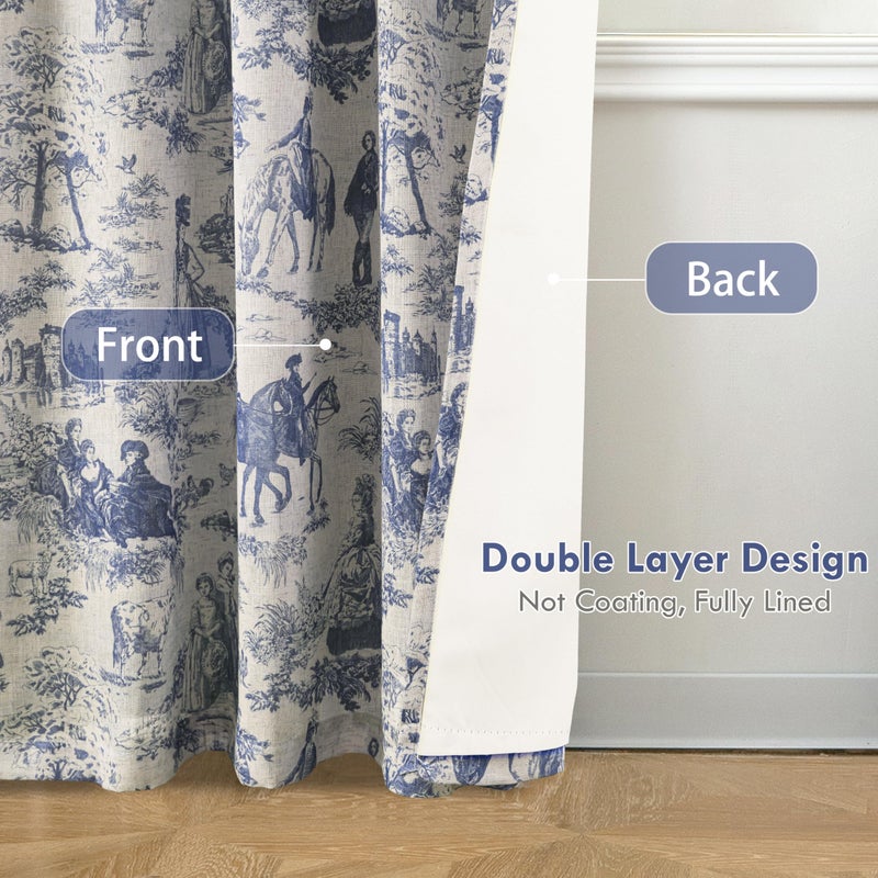 DriftAway 100% Blackout Toile Linen Curtains for Bedroom Double Layer Farmhouse French Country Vintage Printed Pattern Thermal Sound Lined Back Tab Living Room Drapes 84 inch Length 2 Panels Navy - Image 3
