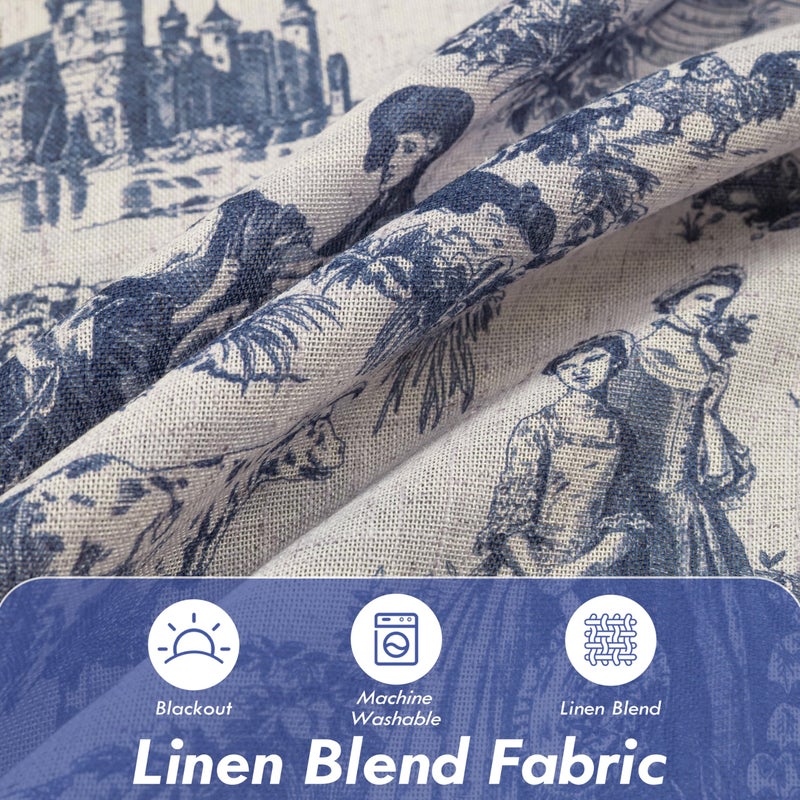DriftAway 100% Blackout Toile Linen Curtains for Bedroom Double Layer Farmhouse French Country Vintage Printed Pattern Thermal Sound Lined Back Tab Living Room Drapes 84 inch Length 2 Panels Navy - Image 4