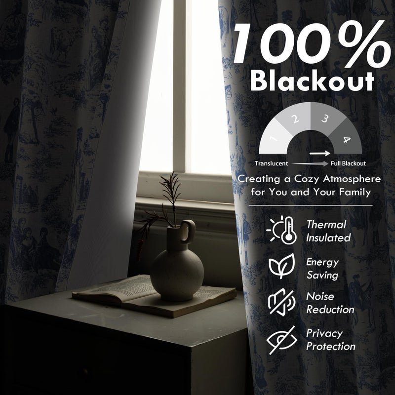 DriftAway 100% Blackout Toile Linen Curtains for Bedroom Double Layer Farmhouse French Country Vintage Printed Pattern Thermal Sound Lined Back Tab Living Room Drapes 84 inch Length 2 Panels Navy - Image 5