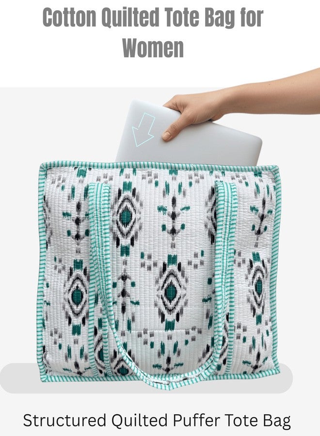 Third Eye Export Hand Block Printed Quilted Cotton Tote Bag for Women - Oversized 18x16 Work, Laptop, Travel Beach Essentials Handbag (Snowflake Waterspout Apple Print) - Image 5