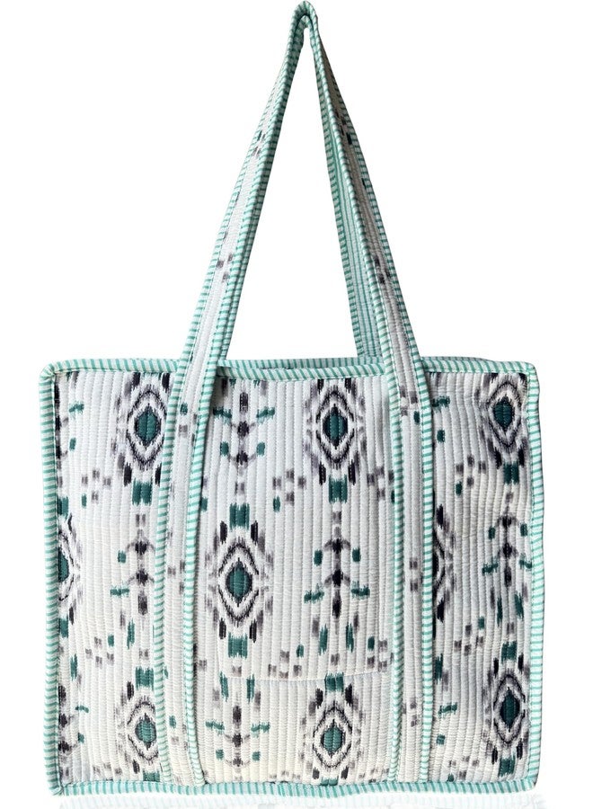 Third Eye Export Hand Block Printed Quilted Cotton Tote Bag for Women - Oversized 18x16 Work, Laptop, Travel Beach Essentials Handbag (Snowflake Waterspout Apple Print) - Image 1